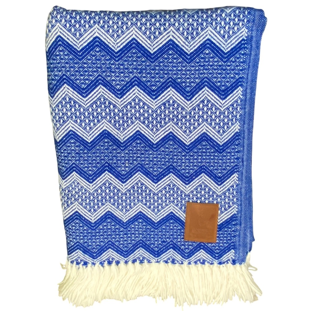 Vtg Y2K Ruashka Alpaca Peru Woven Throw Blanket Blue White Chevron Zigzag Fringe